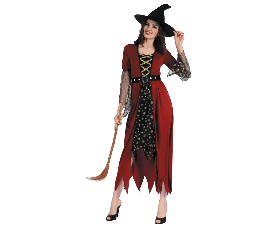 Role play-set for adult Red Witch (dress, hat, belt), size M